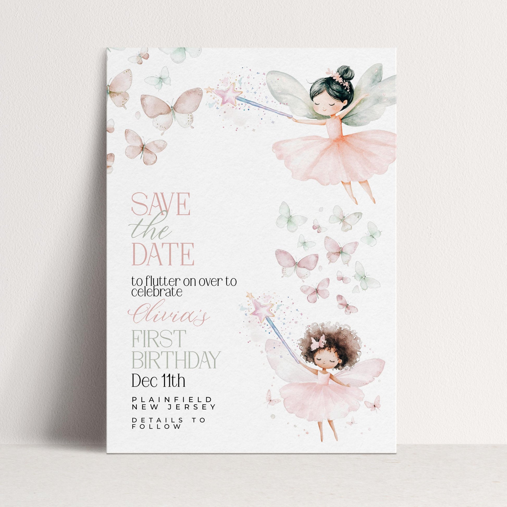 Fairy Save the Date for First Birthday Personalised Editable Pastel Watercolor Party Announcement with Butterflies and Whimsical Fairy Girls