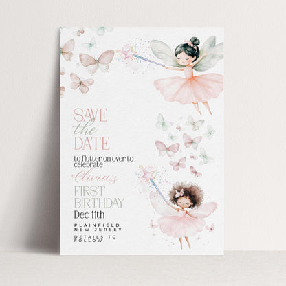 Fairy Save the Date for First Birthday Personalised Editable Pastel Watercolor Party Announcement with Butterflies and Whimsical Fairy Girls