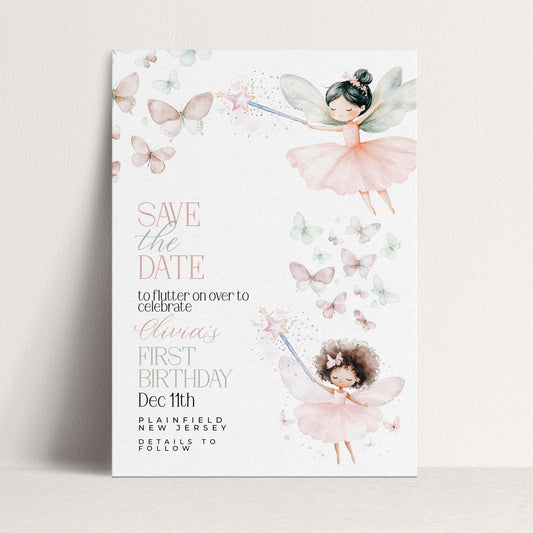 Fairy Save the Date for First Birthday Personalised Editable Pastel Watercolor Party Announcement with Butterflies and Whimsical Fairy Girls