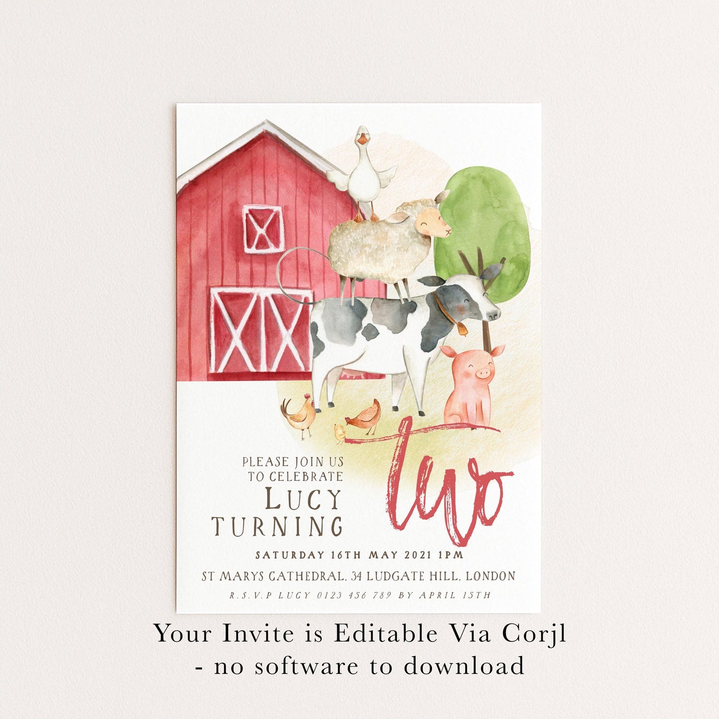 Farm Animals 2nd Birthday Invitation – Editable Barnyard Theme, Gender-Neutral Design, Instant Download, Printable Corjl Template FM56