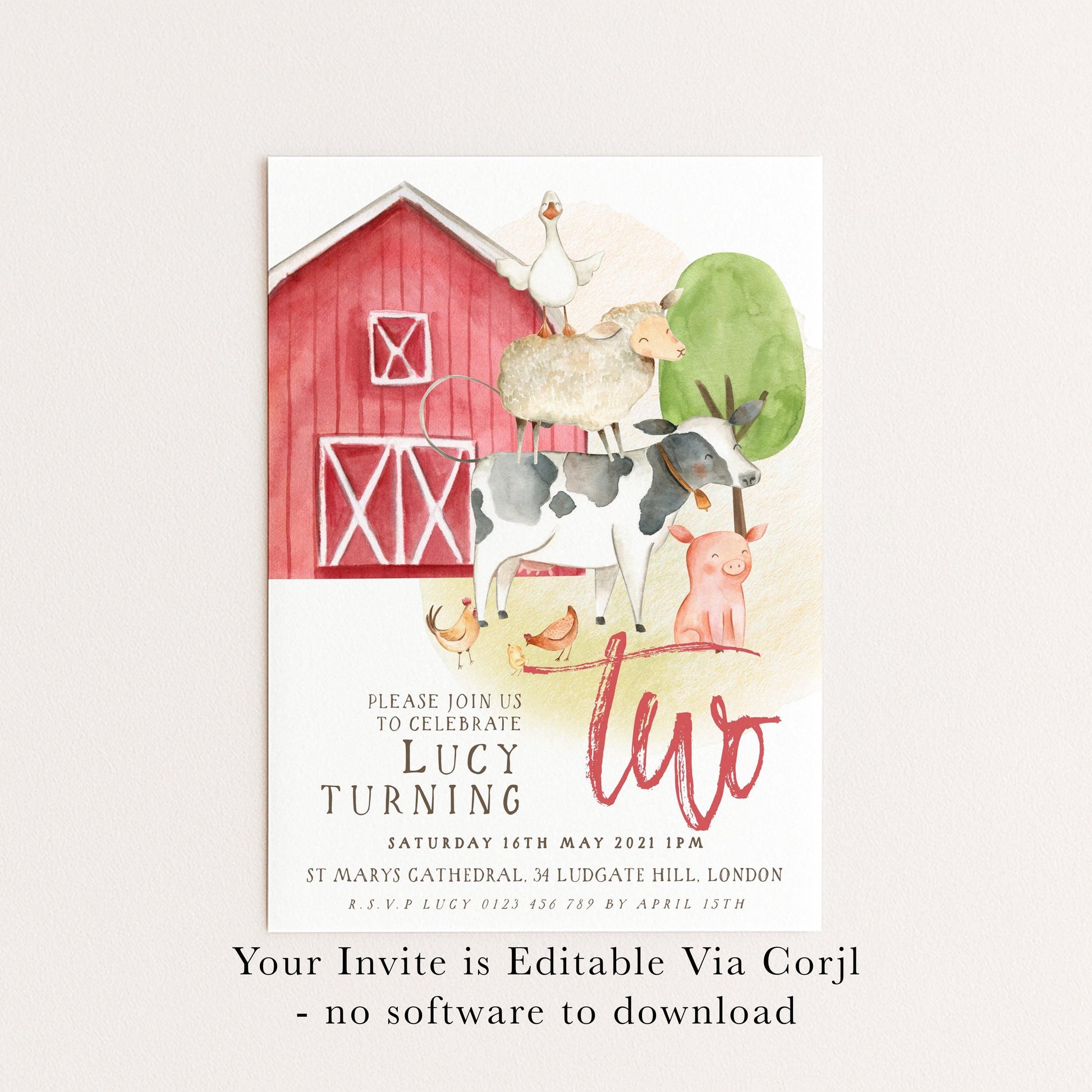 Farm Animals 2nd Birthday Invitation – Editable Barnyard Theme, Gender-Neutral Design, Instant Download, Printable Corjl Template FM56