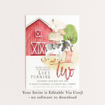 Farm Animals 2nd Birthday Invitation – Editable Barnyard Theme, Gender-Neutral Design, Instant Download, Printable Corjl Template FM56