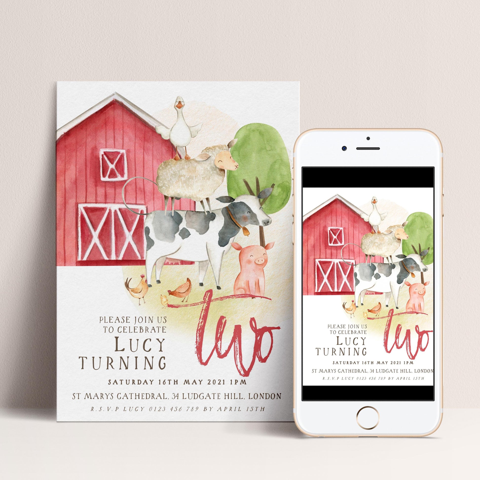 Farm Animals 2nd Birthday Invitation – Editable Barnyard Theme, Gender-Neutral Design, Instant Download, Printable Corjl Template FM56