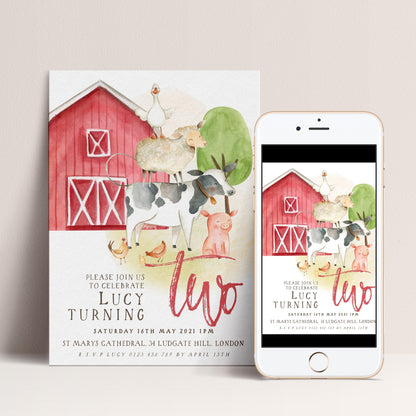 Farm Animals 2nd Birthday Invitation – Editable Barnyard Theme, Gender-Neutral Design, Instant Download, Printable Corjl Template FM56