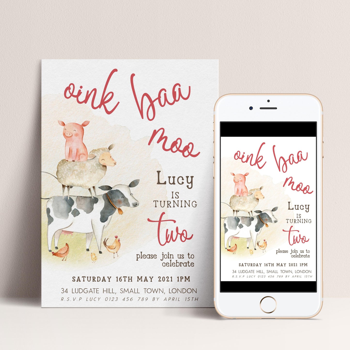 Farm Birthday Invitation 2nd Birthday, Barnyard Party Invite, Farm Animal Birthday Invite, Editable Template FM56