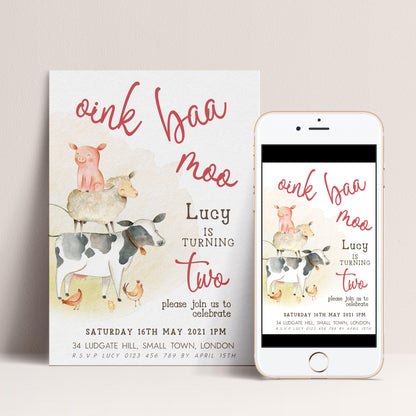Farm Birthday Invitation 2nd Birthday, Barnyard Party Invite, Farm Animal Birthday Invite, Editable Template FM56