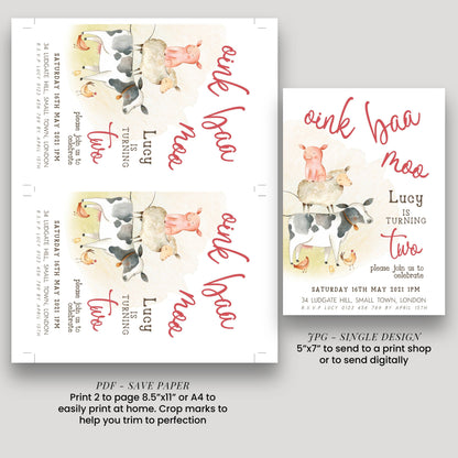 Farm Birthday Invitation 2nd Birthday, Barnyard Party Invite, Farm Animal Birthday Invite, Editable Template FM56