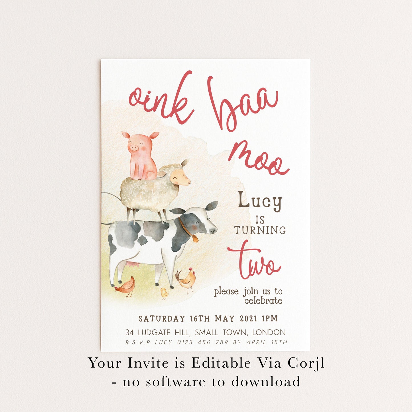 Farm Birthday Invitation 2nd Birthday, Barnyard Party Invite, Farm Animal Birthday Invite, Editable Template FM56