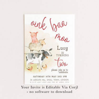 Farm Birthday Invitation 2nd Birthday, Barnyard Party Invite, Farm Animal Birthday Invite, Editable Template FM56