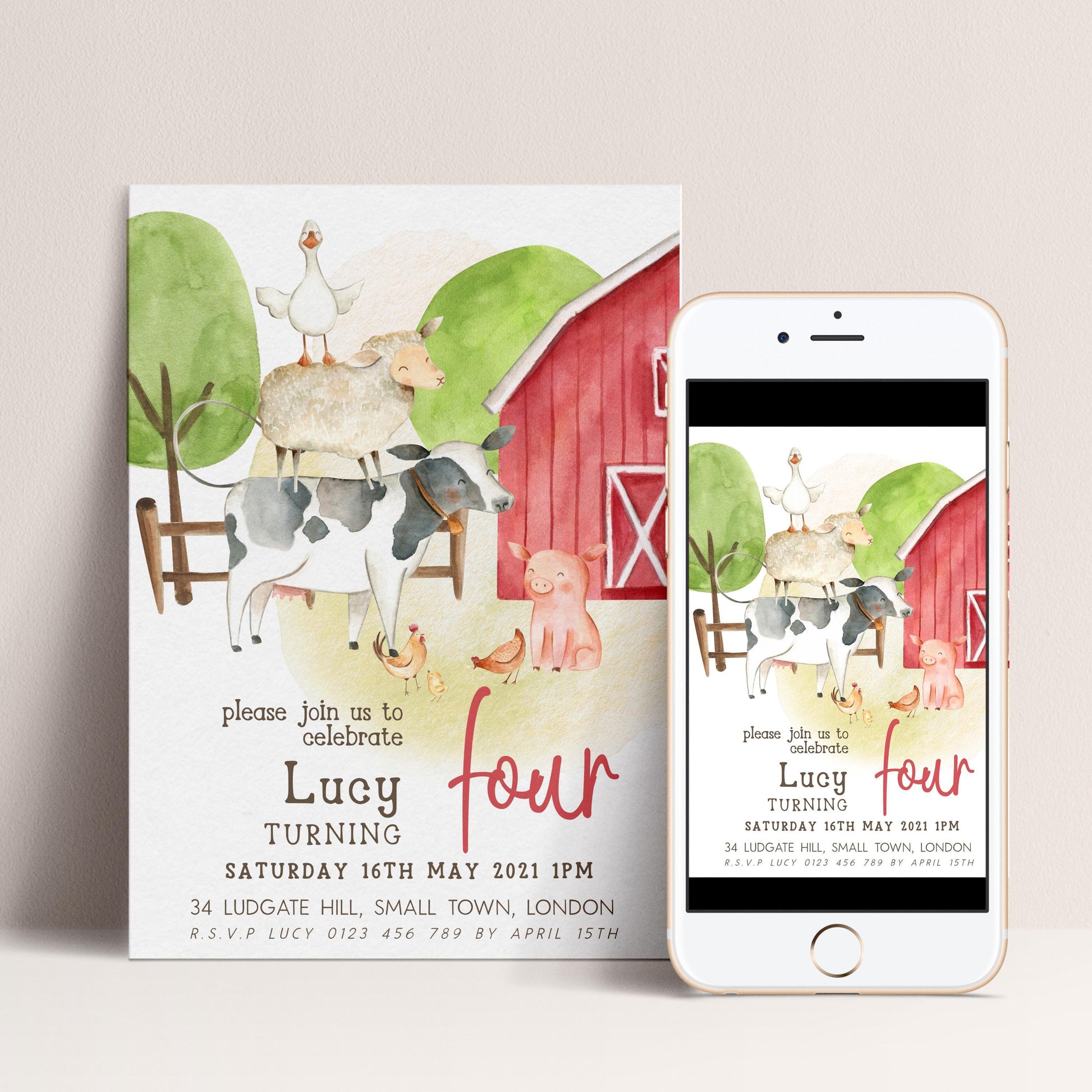 Farmyard 4th Birthday Invitation, Red Barn Party Invite, Editable Template for Girls, Cute Farm Animals Birthday Printable Corjl Invite FM56