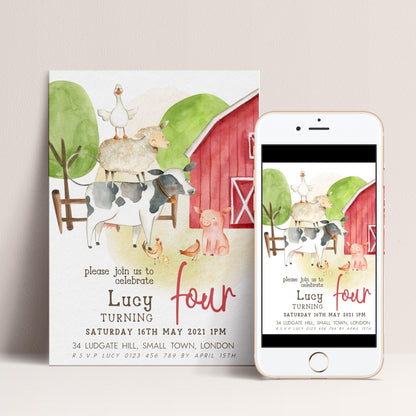 Farmyard 4th Birthday Invitation, Red Barn Party Invite, Editable Template for Girls, Cute Farm Animals Birthday Printable Corjl Invite FM56