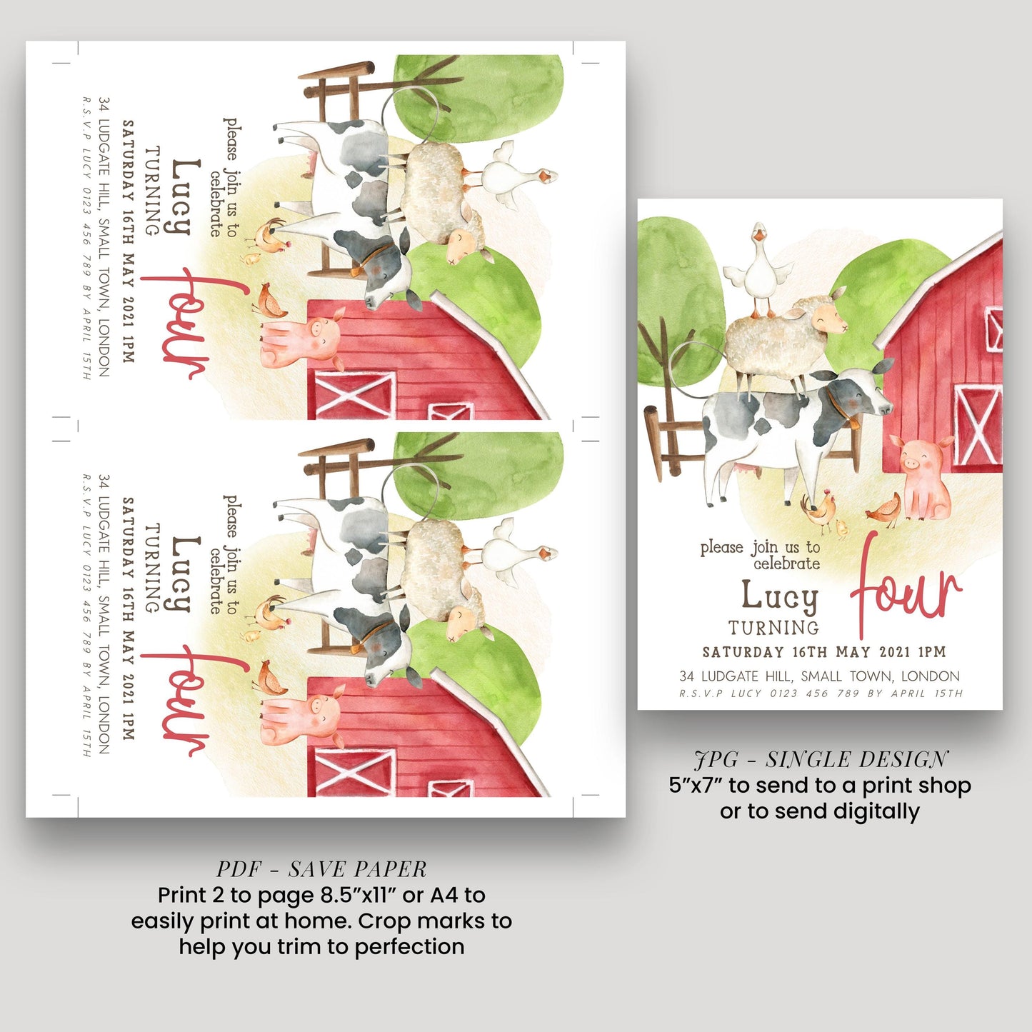 Farmyard 4th Birthday Invitation, Red Barn Party Invite, Editable Template for Girls, Cute Farm Animals Birthday Printable Corjl Invite FM56