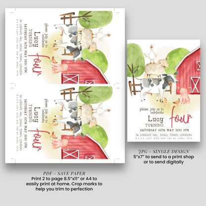 Farmyard 4th Birthday Invitation, Red Barn Party Invite, Editable Template for Girls, Cute Farm Animals Birthday Printable Corjl Invite FM56