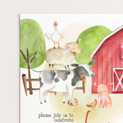 Farmyard 4th Birthday Invitation, Red Barn Party Invite, Editable Template for Girls, Cute Farm Animals Birthday Printable Corjl Invite FM56