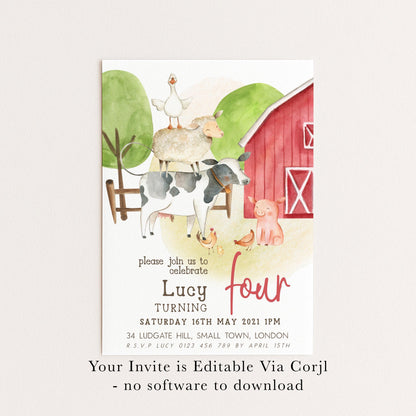 Farmyard 4th Birthday Invitation, Red Barn Party Invite, Editable Template for Girls, Cute Farm Animals Birthday Printable Corjl Invite FM56