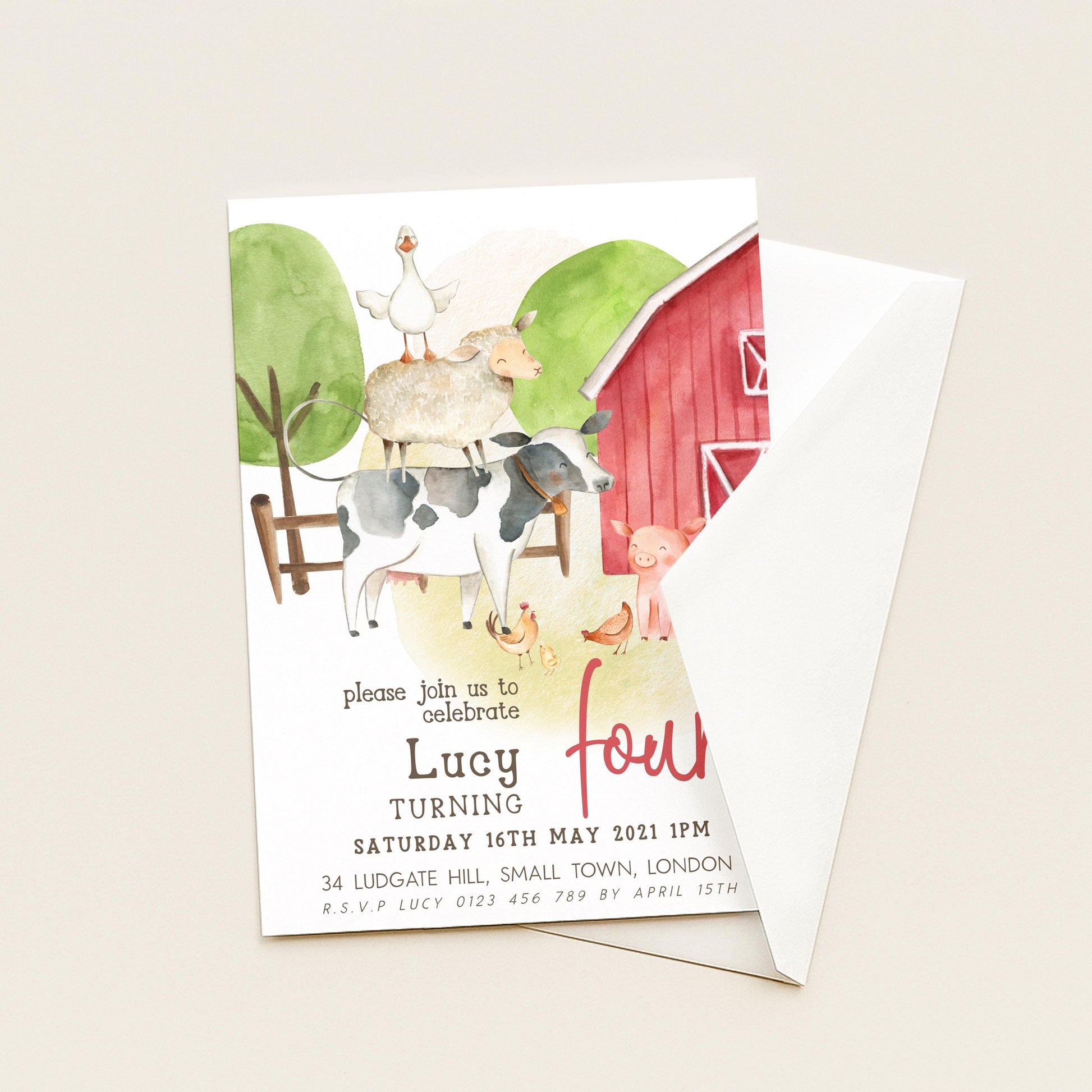 Farmyard 4th Birthday Invitation, Red Barn Party Invite, Editable Template for Girls, Cute Farm Animals Birthday Printable Corjl Invite FM56