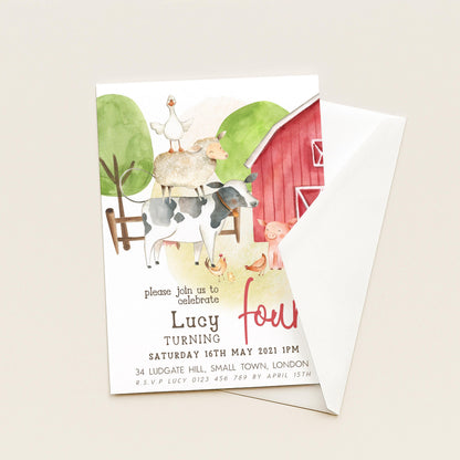 Farmyard 4th Birthday Invitation, Red Barn Party Invite, Editable Template for Girls, Cute Farm Animals Birthday Printable Corjl Invite FM56