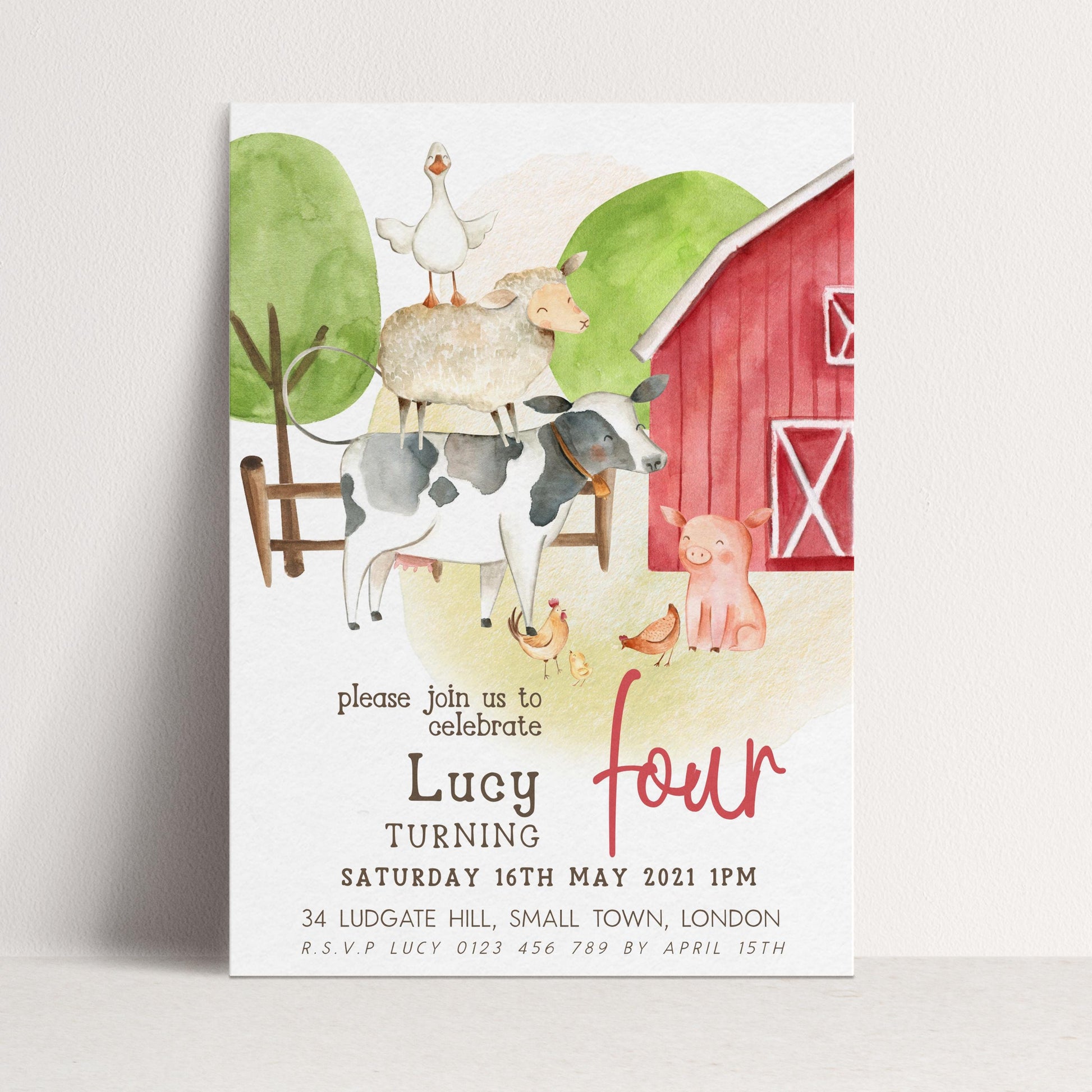 Farmyard 4th Birthday Invitation, Red Barn Party Invite, Editable Template for Girls, Cute Farm Animals Birthday Printable Corjl Invite FM56