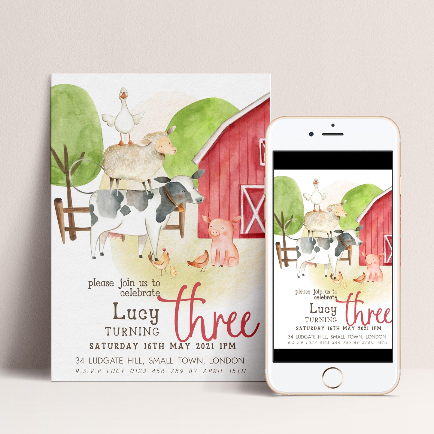 Farmyard Birthday Invitation, 3rd Birthday Girl Invite, Editable Corjl Template, Red Barn Farm Animals Party, Printable Birthday Invite FM56
