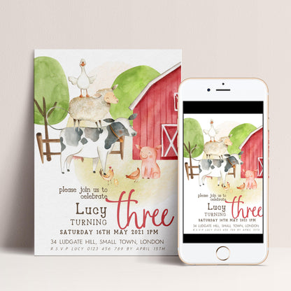 Farmyard Birthday Invitation, 3rd Birthday Girl Invite, Editable Corjl Template, Red Barn Farm Animals Party, Printable Birthday Invite FM56