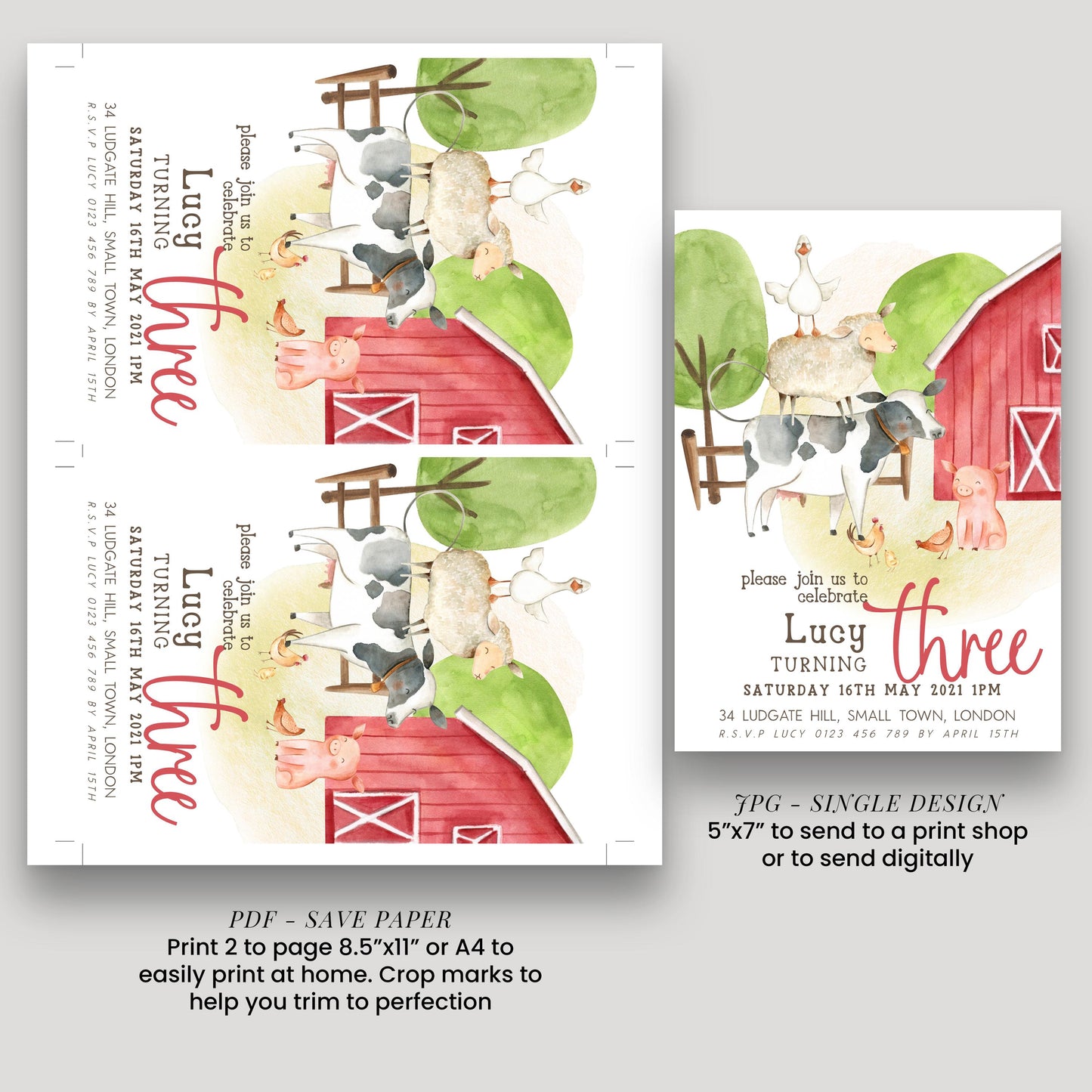 Farmyard Birthday Invitation, 3rd Birthday Girl Invite, Editable Corjl Template, Red Barn Farm Animals Party, Printable Birthday Invite FM56