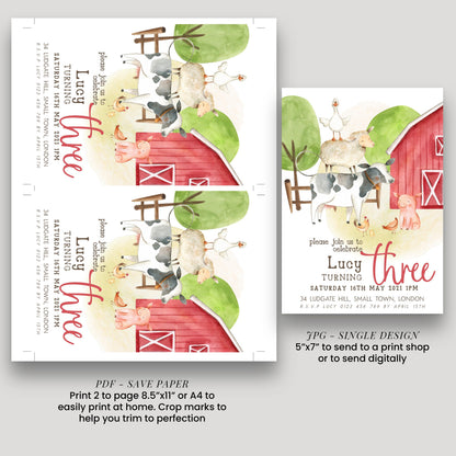 Farmyard Birthday Invitation, 3rd Birthday Girl Invite, Editable Corjl Template, Red Barn Farm Animals Party, Printable Birthday Invite FM56