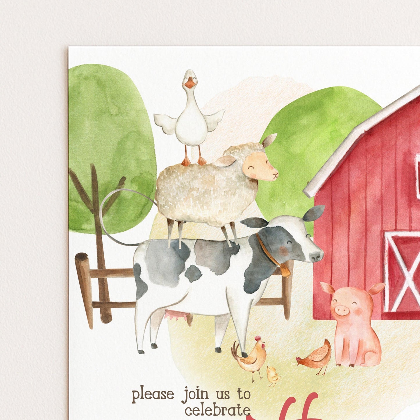 Farmyard Birthday Invitation, 3rd Birthday Girl Invite, Editable Corjl Template, Red Barn Farm Animals Party, Printable Birthday Invite FM56