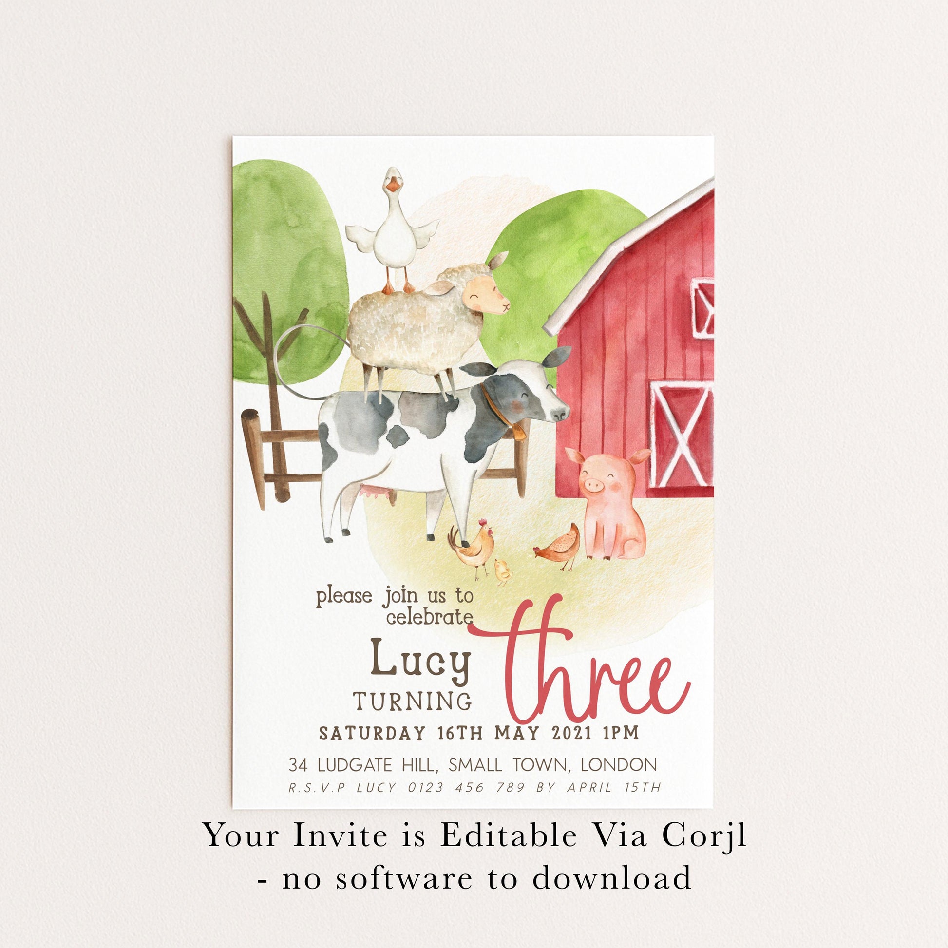 Farmyard Birthday Invitation, 3rd Birthday Girl Invite, Editable Corjl Template, Red Barn Farm Animals Party, Printable Birthday Invite FM56