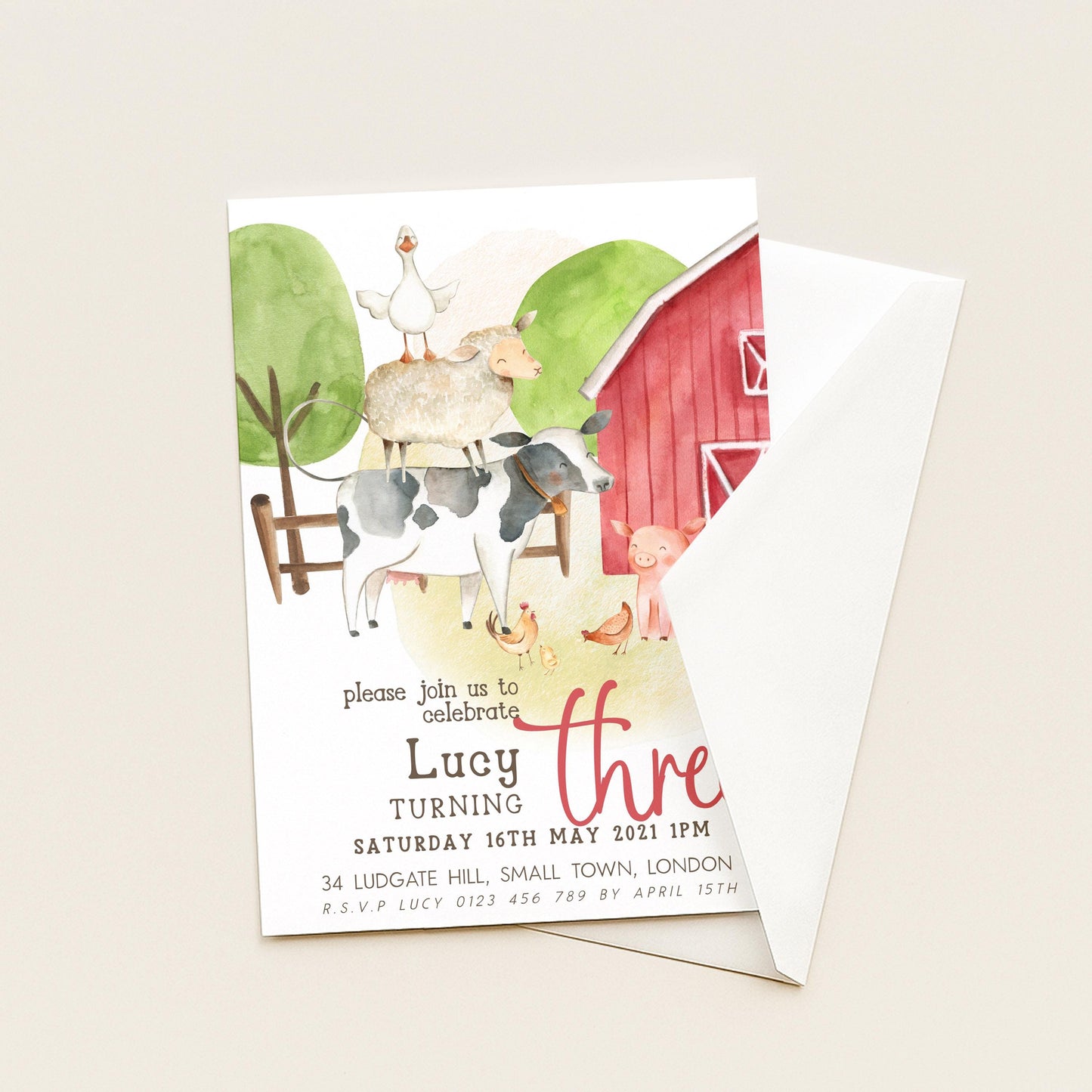 Farmyard Birthday Invitation, 3rd Birthday Girl Invite, Editable Corjl Template, Red Barn Farm Animals Party, Printable Birthday Invite FM56