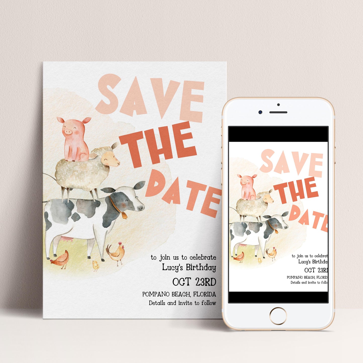 Farmyard Save the Date Invitation, Editable Birthday Template, Watercolor Animals Design, Cow Pig Sheep, Corjl Printable Invite FM56