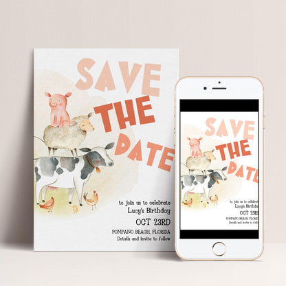 Farmyard Save the Date Invitation, Editable Birthday Template, Watercolor Animals Design, Cow Pig Sheep, Corjl Printable Invite FM56