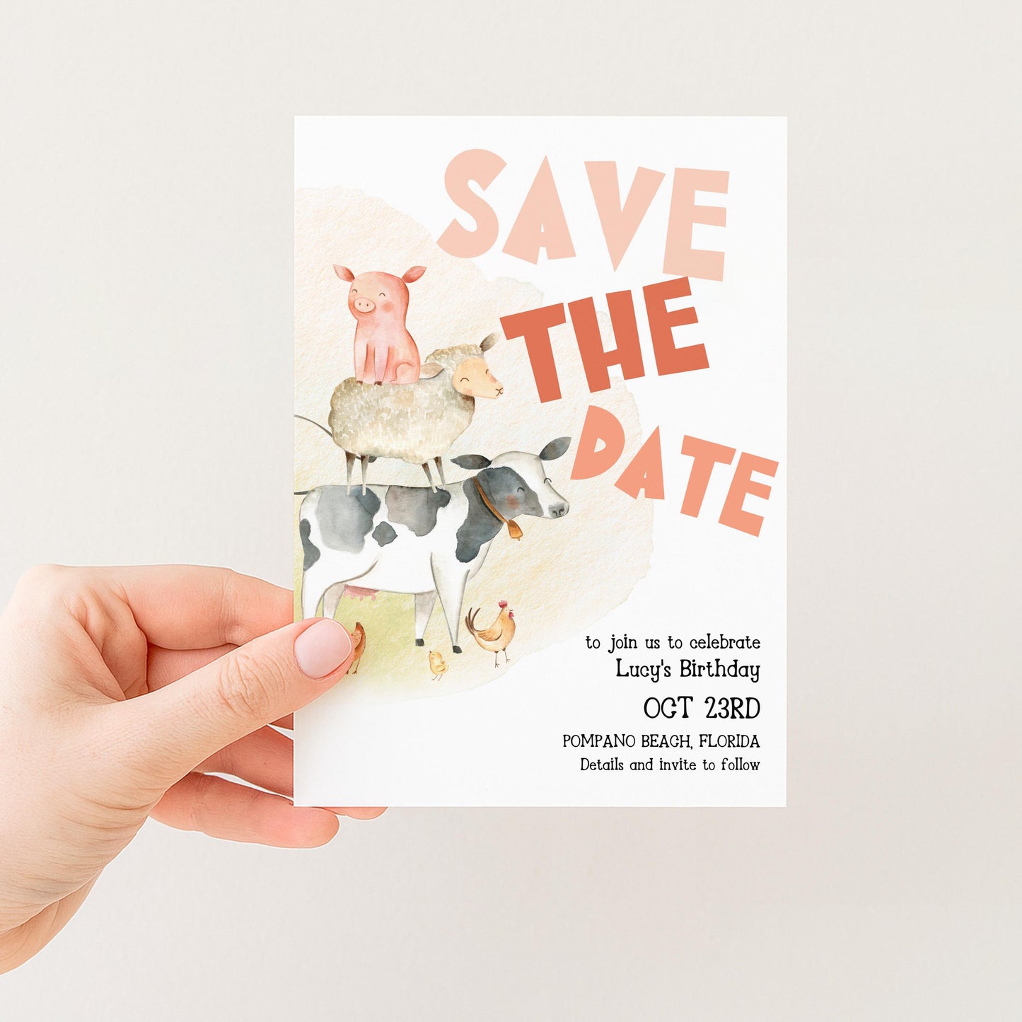 Farmyard Save the Date Invitation, Editable Birthday Template, Watercolor Animals Design, Cow Pig Sheep, Corjl Printable Invite FM56