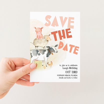 Farmyard Save the Date Invitation, Editable Birthday Template, Watercolor Animals Design, Cow Pig Sheep, Corjl Printable Invite FM56