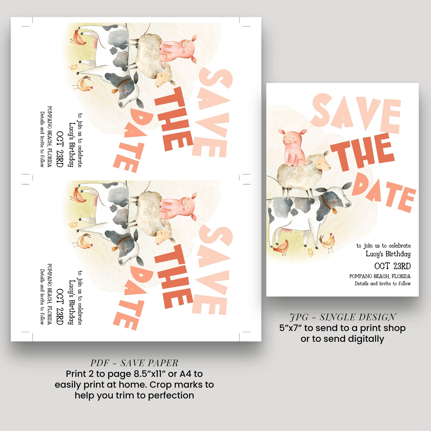 Farmyard Save the Date Invitation, Editable Birthday Template, Watercolor Animals Design, Cow Pig Sheep, Corjl Printable Invite FM56