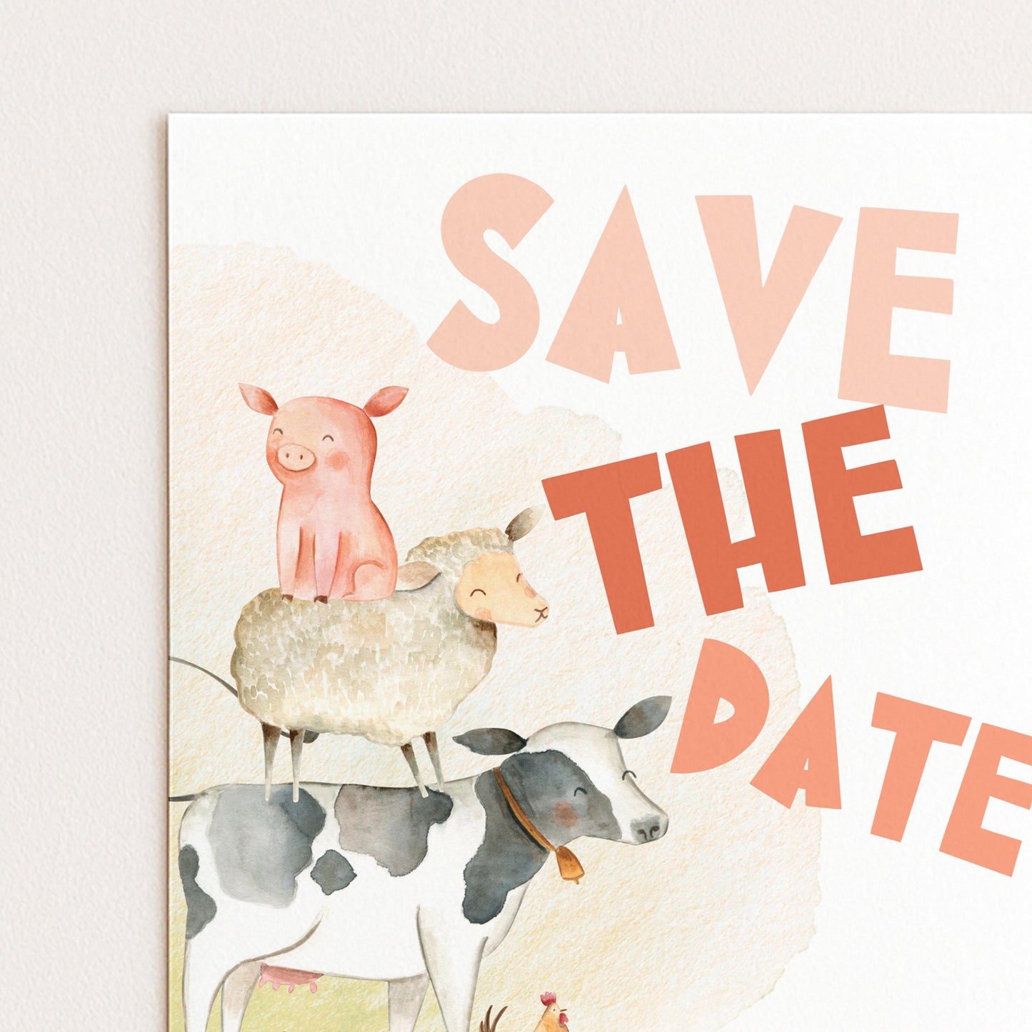 Farmyard Save the Date Invitation, Editable Birthday Template, Watercolor Animals Design, Cow Pig Sheep, Corjl Printable Invite FM56