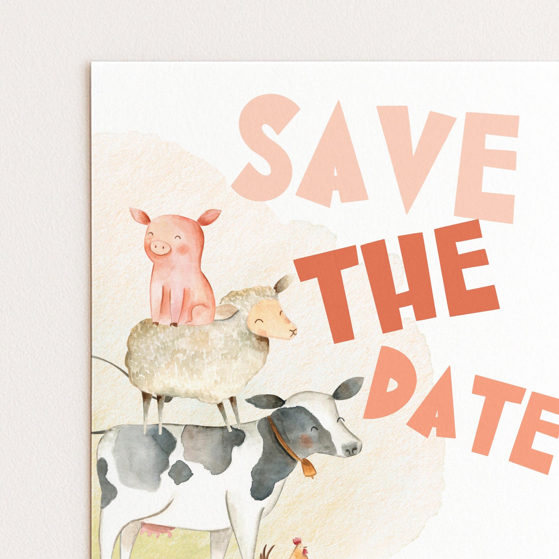 Farmyard Save the Date Invitation, Editable Birthday Template, Watercolor Animals Design, Cow Pig Sheep, Corjl Printable Invite FM56