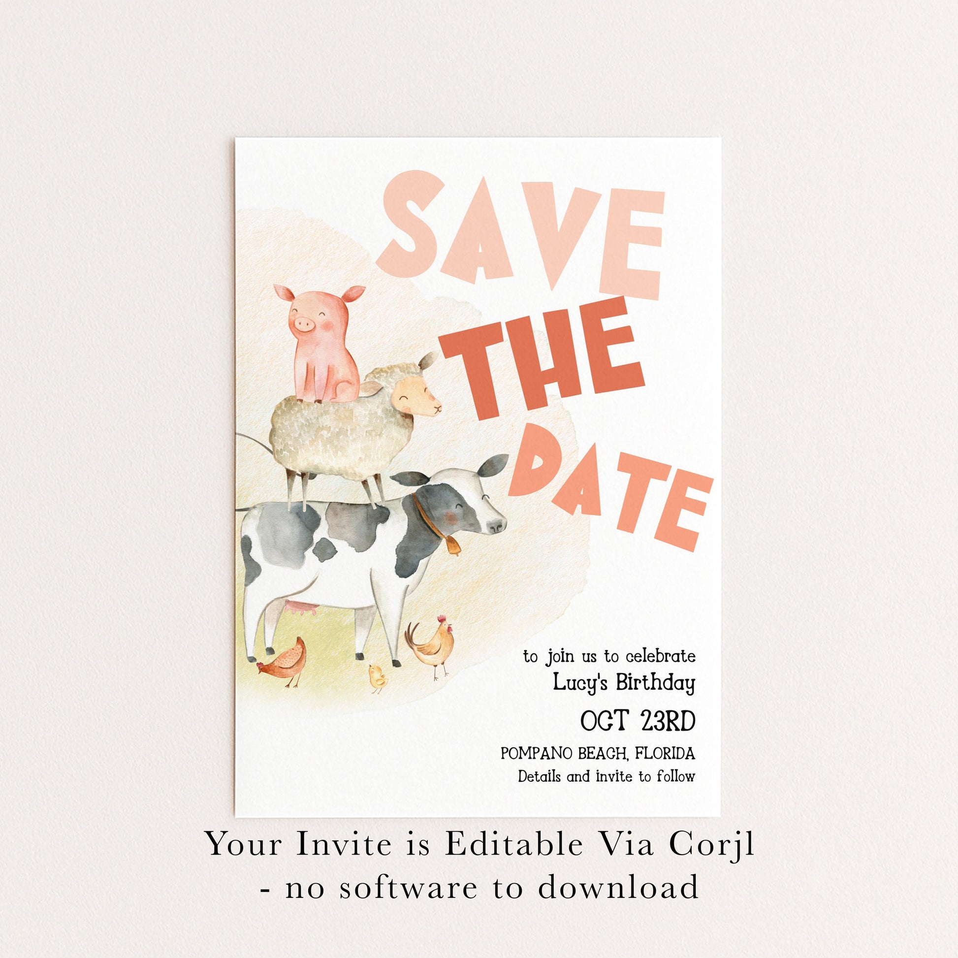 Farmyard Save the Date Invitation, Editable Birthday Template, Watercolor Animals Design, Cow Pig Sheep, Corjl Printable Invite FM56