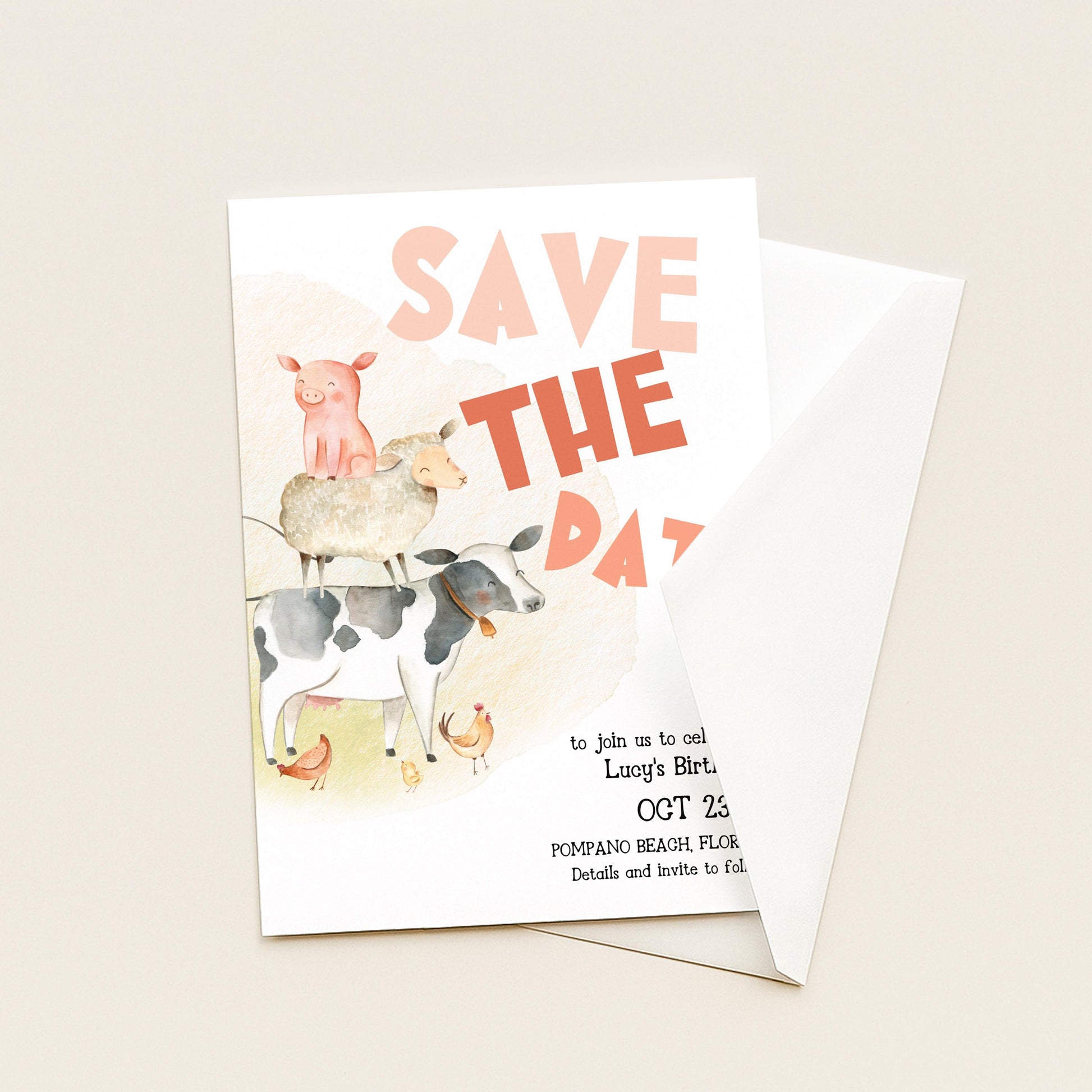 Farmyard Save the Date Invitation, Editable Birthday Template, Watercolor Animals Design, Cow Pig Sheep, Corjl Printable Invite FM56