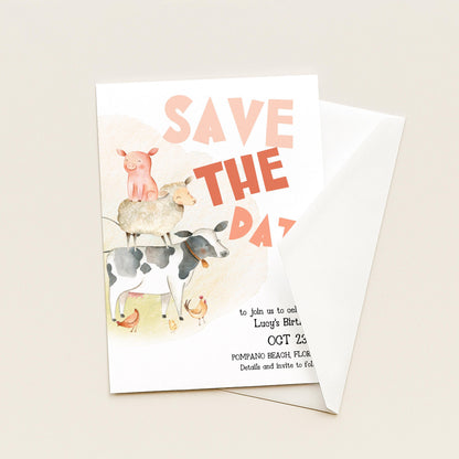 Farmyard Save the Date Invitation, Editable Birthday Template, Watercolor Animals Design, Cow Pig Sheep, Corjl Printable Invite FM56