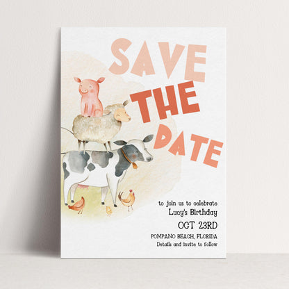 Farmyard Save the Date Invitation, Editable Birthday Template, Watercolor Animals Design, Cow Pig Sheep, Corjl Printable Invite FM56