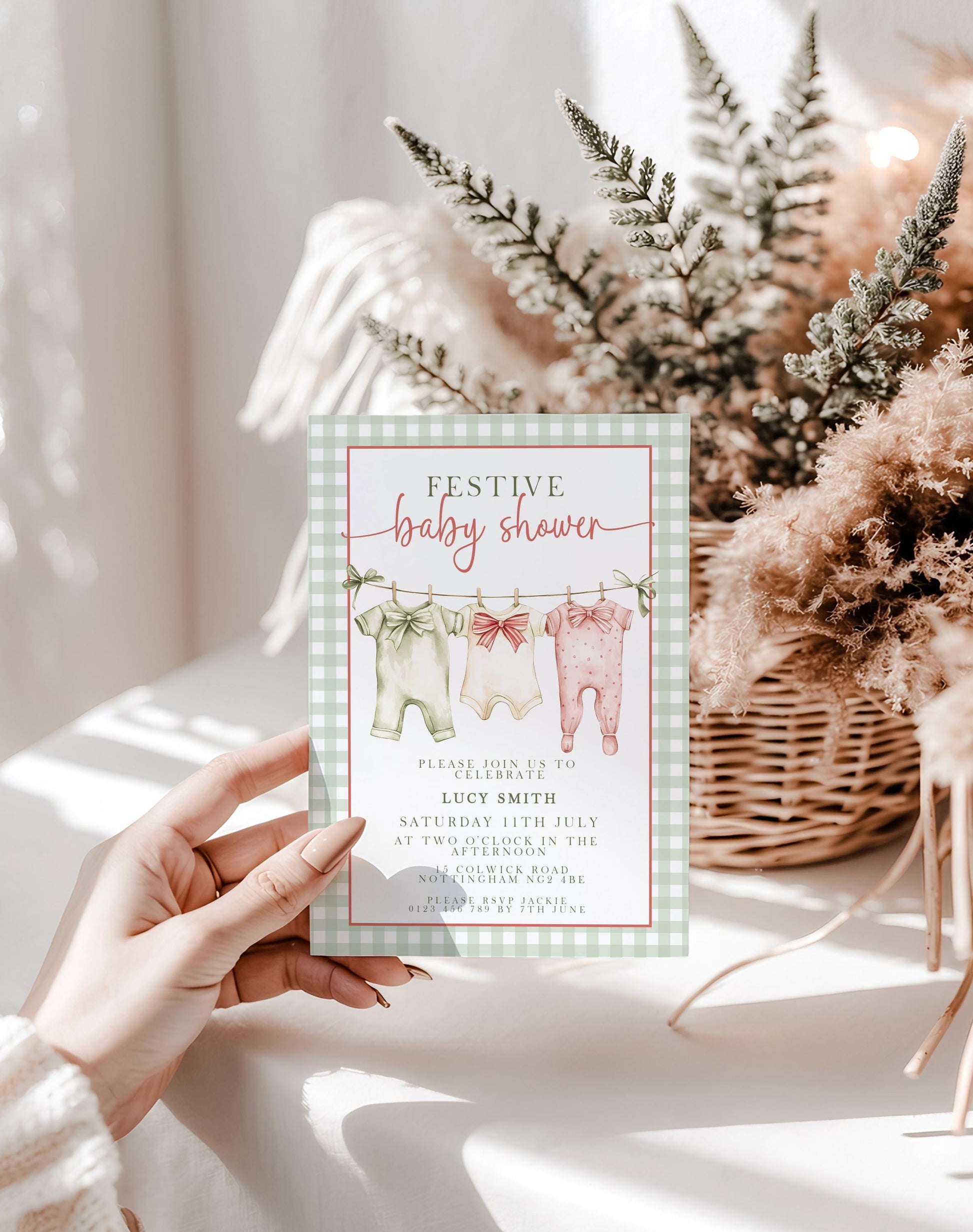 Festive Baby Shower Invitation, Editable Green Gingham Baby Shower Invite, Printable Baby Clothesline Invite, Instant Digital Download Corjl