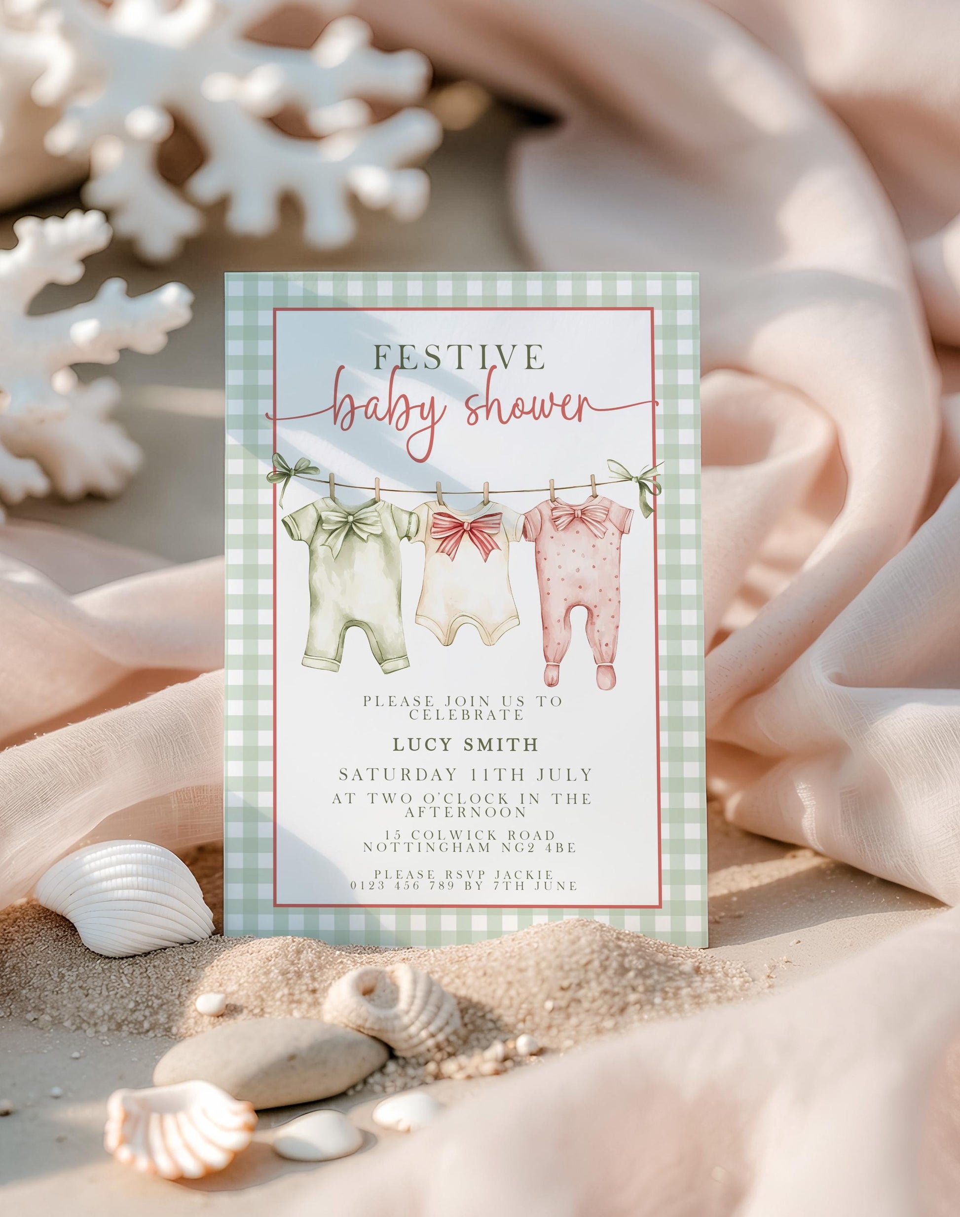 Festive Baby Shower Invitation, Editable Green Gingham Baby Shower Invite, Printable Baby Clothesline Invite, Instant Digital Download Corjl
