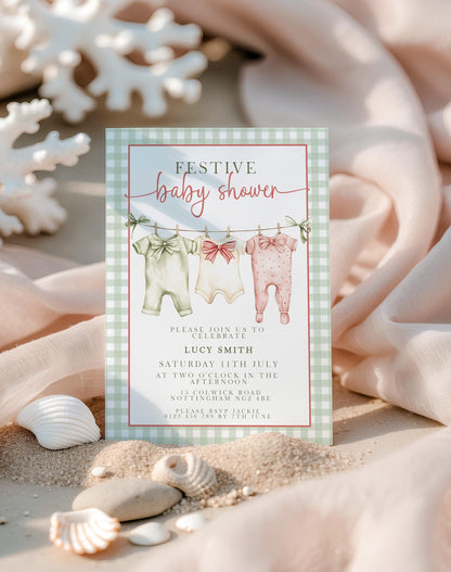 Festive Baby Shower Invitation, Editable Green Gingham Baby Shower Invite, Printable Baby Clothesline Invite, Instant Digital Download Corjl