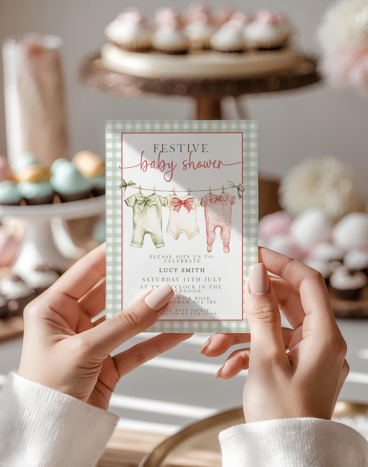 Festive Baby Shower Invitation, Editable Green Gingham Baby Shower Invite, Printable Baby Clothesline Invite, Instant Digital Download Corjl