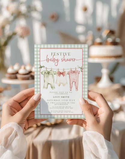 Festive Baby Shower Invitation, Editable Green Gingham Baby Shower Invite, Printable Baby Clothesline Invite, Instant Digital Download Corjl