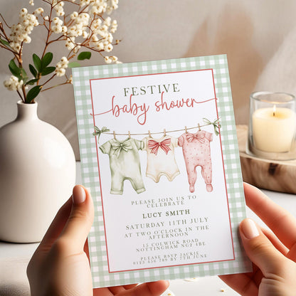 Festive Baby Shower Invitation, Editable Green Gingham Baby Shower Invite, Printable Baby Clothesline Invite, Instant Digital Download Corjl