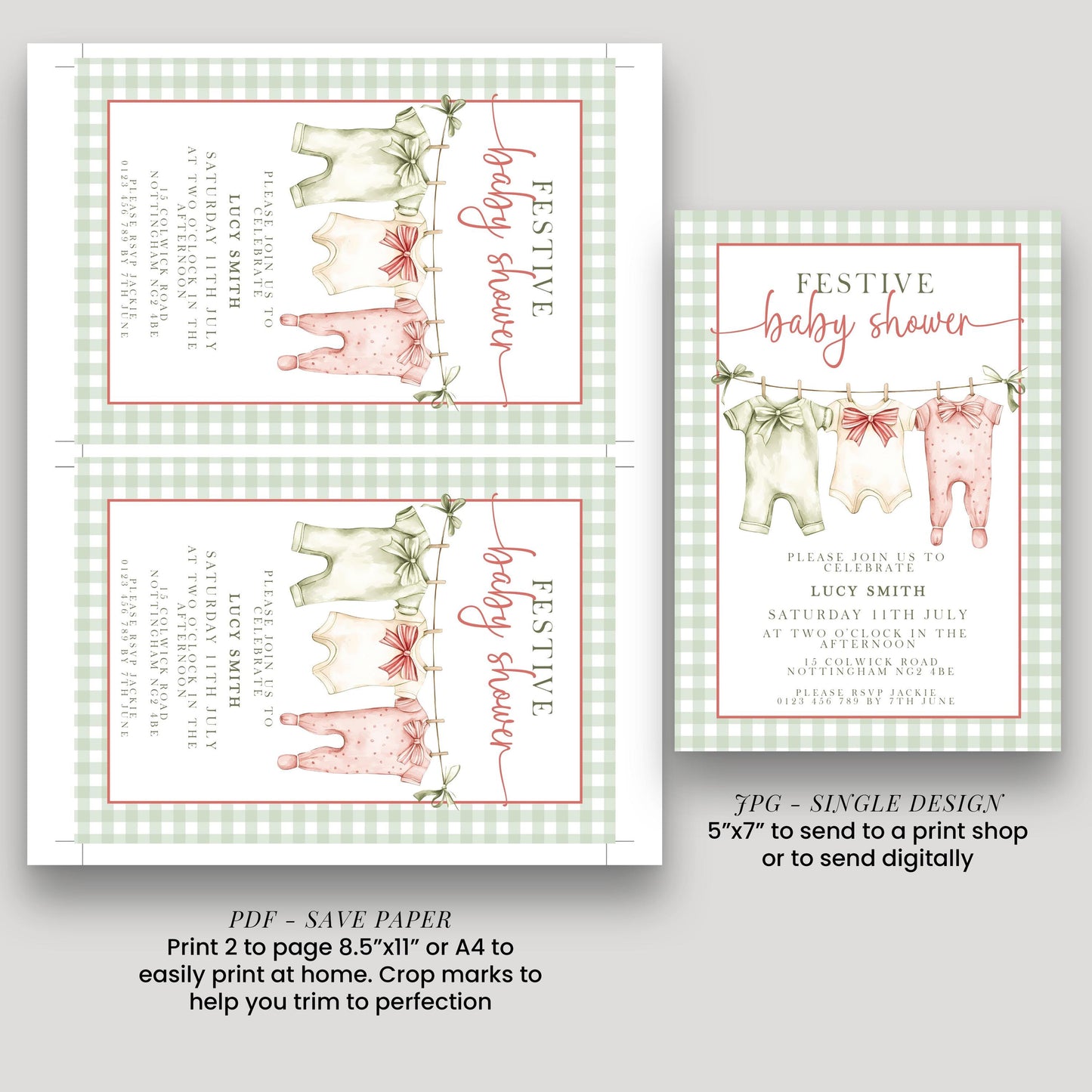 Festive Baby Shower Invitation, Editable Green Gingham Baby Shower Invite, Printable Baby Clothesline Invite, Instant Digital Download Corjl