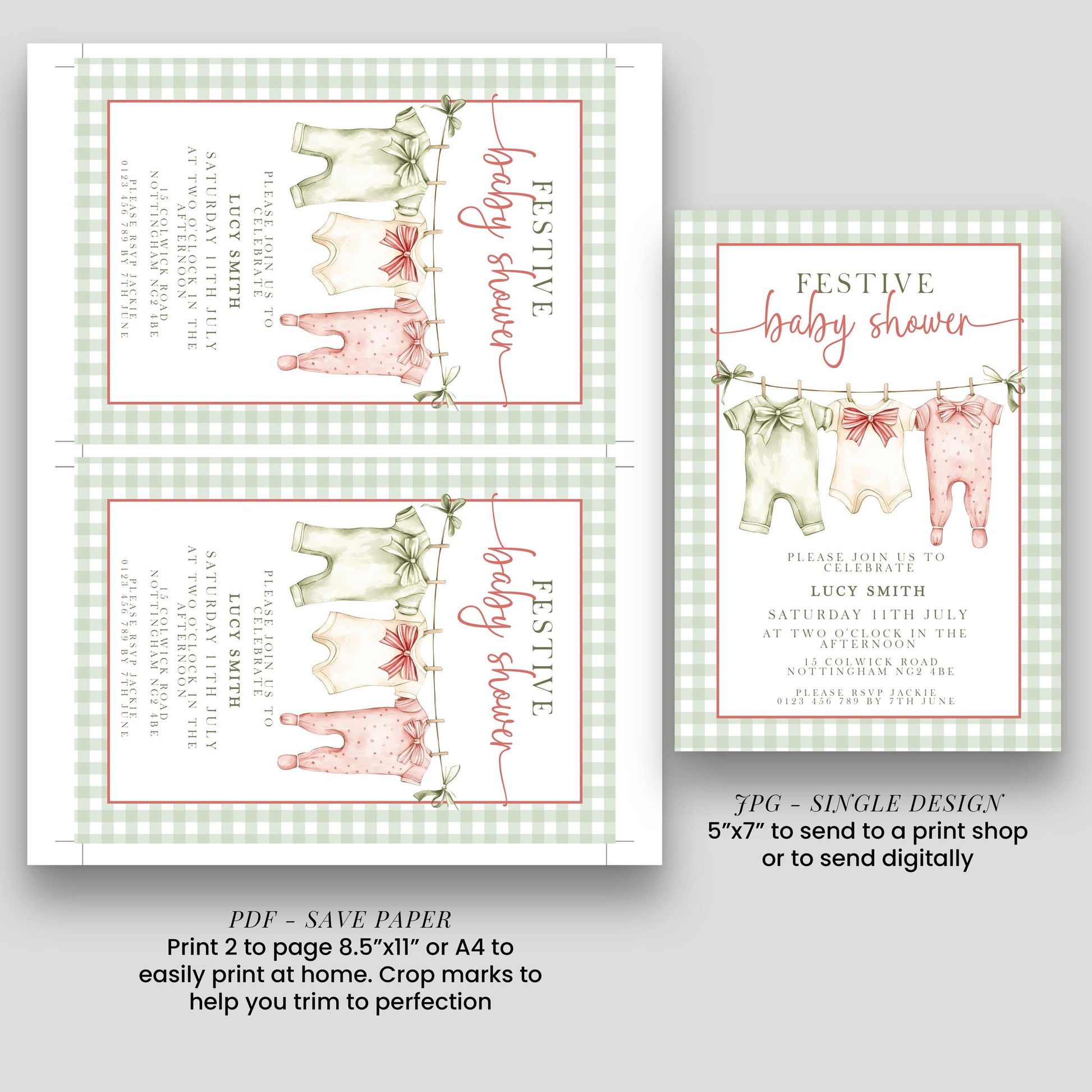 Festive Baby Shower Invitation, Editable Green Gingham Baby Shower Invite, Printable Baby Clothesline Invite, Instant Digital Download Corjl