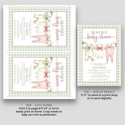 Festive Baby Shower Invitation, Editable Green Gingham Baby Shower Invite, Printable Baby Clothesline Invite, Instant Digital Download Corjl