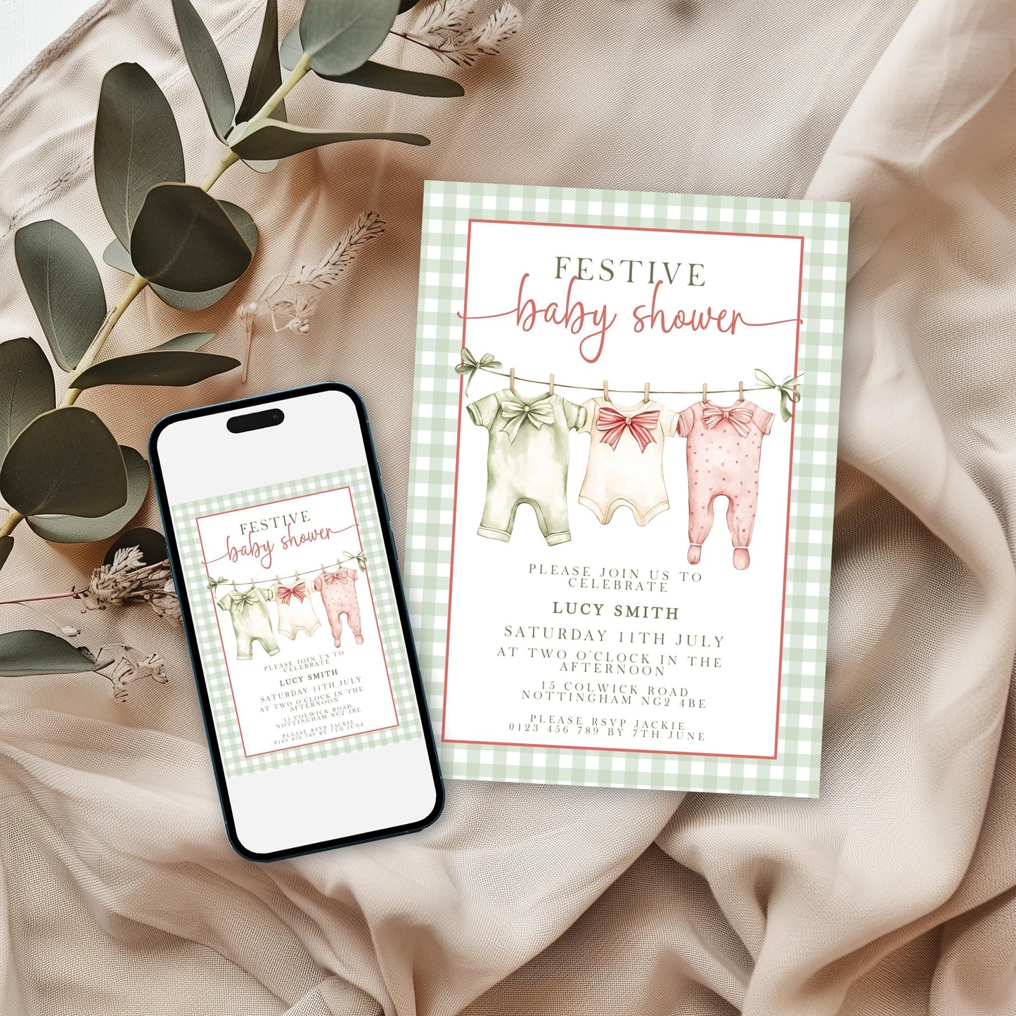 Festive Baby Shower Invitation, Editable Green Gingham Baby Shower Invite, Printable Baby Clothesline Invite, Instant Digital Download Corjl